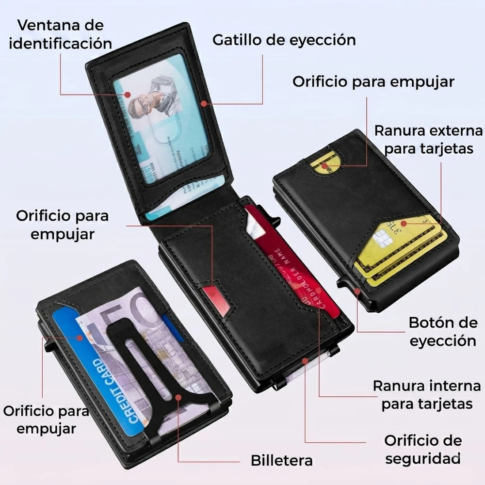 Billetera de Cuero con Cierre Magnético, Bloqueo RFID, Porta Tarjetas Pop-up y Clip para Billetes