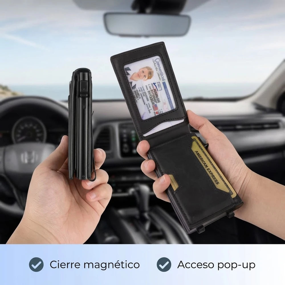 Billetera de Cuero con Cierre Magnético, Bloqueo RFID, Porta Tarjetas Pop-up y Clip para Billetes