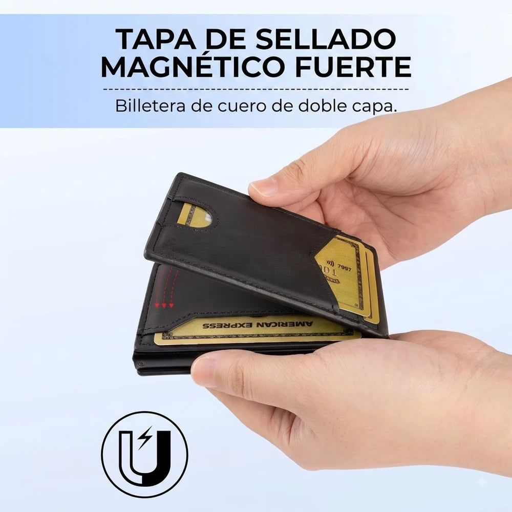 Billetera de Cuero con Cierre Magnético, Bloqueo RFID, Porta Tarjetas Pop-up y Clip para Billetes