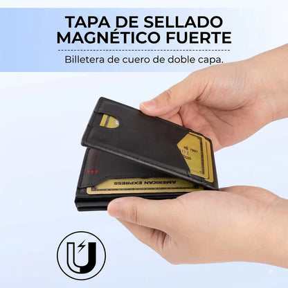 Billetera de Cuero con Cierre Magnético, Bloqueo RFID, Porta Tarjetas Pop-up y Clip para Billetes