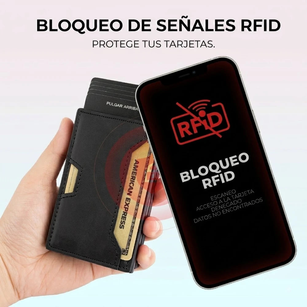 Billetera de Cuero con Cierre Magnético, Bloqueo RFID, Porta Tarjetas Pop-up y Clip para Billetes